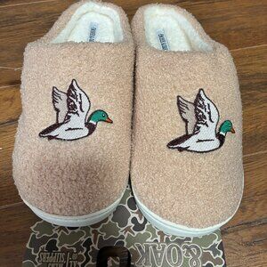 NWT Ember & Oak Men's Memory Foam Sherpa Slippers XL (13) Embroidered Duck Tan.
